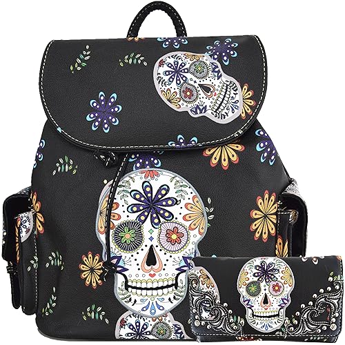 Sugar Skull Day of the Dead Backpack Purse Set ,Vegan Leather Skull Handbag with Matching Wallet,Gothic Punk Rose Design for Women,Mini Backpack…