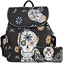 Sugar Skull Day of the Dead Backpack Purse Set ,Vegan Leather Skull Handbag with Matching Wallet,Gothic Punk Rose Design for Women,Mini Backpack…