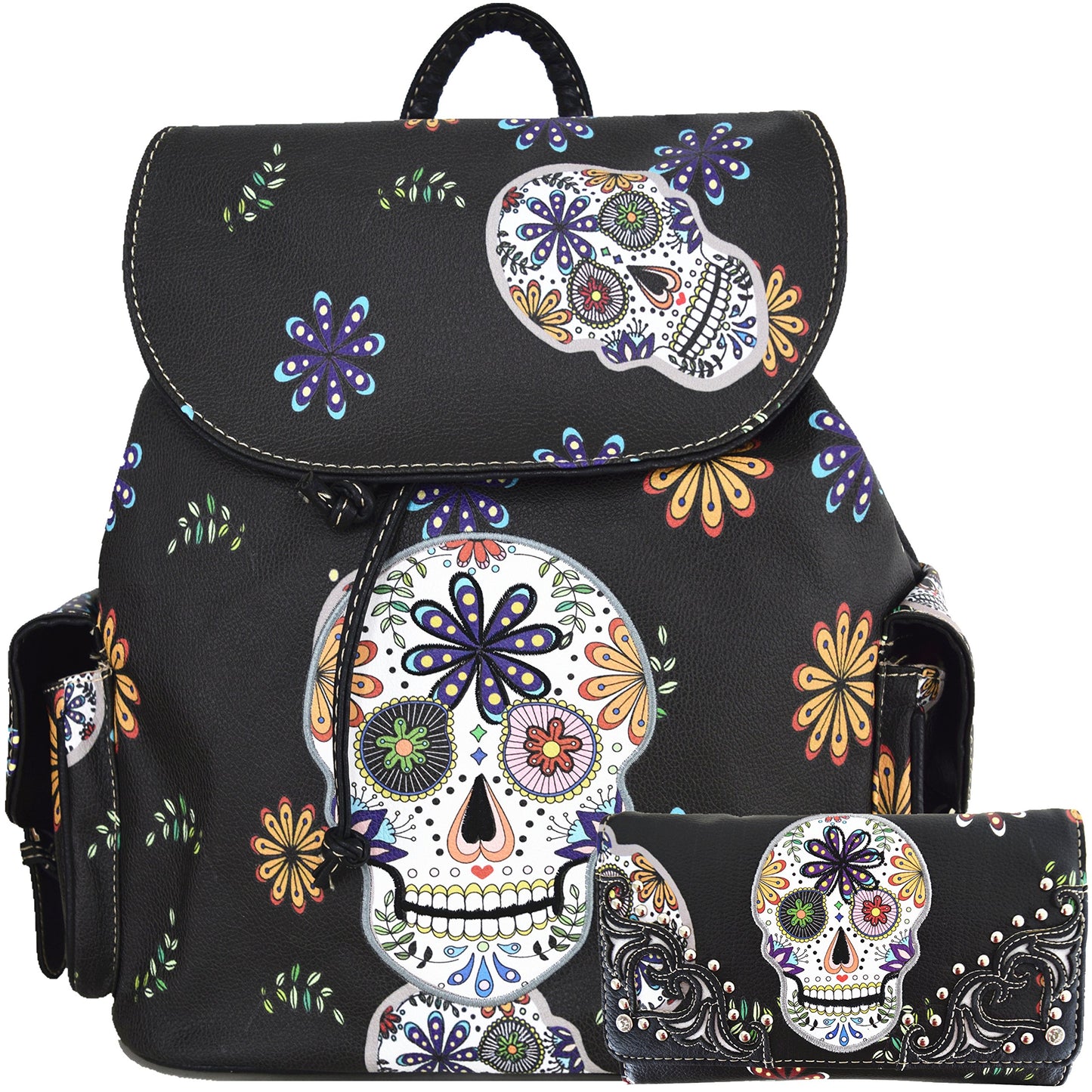 Sugar Skull Day of the Dead Backpack Purse Set ,Vegan Leather Skull Handbag with Matching Wallet,Gothic Punk Rose Design for Women,Mini Backpack…