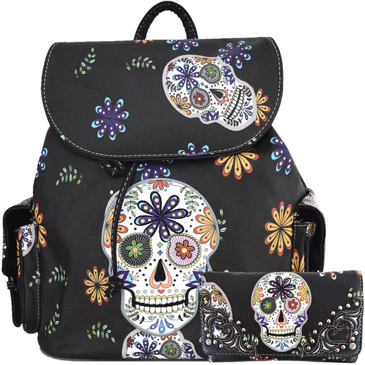 Sugar Skull Day of the Dead Backpack Purse Set ,Vegan Leather Skull Handbag with Matching Wallet,Gothic Punk Rose Design for Women,Mini Backpack…
