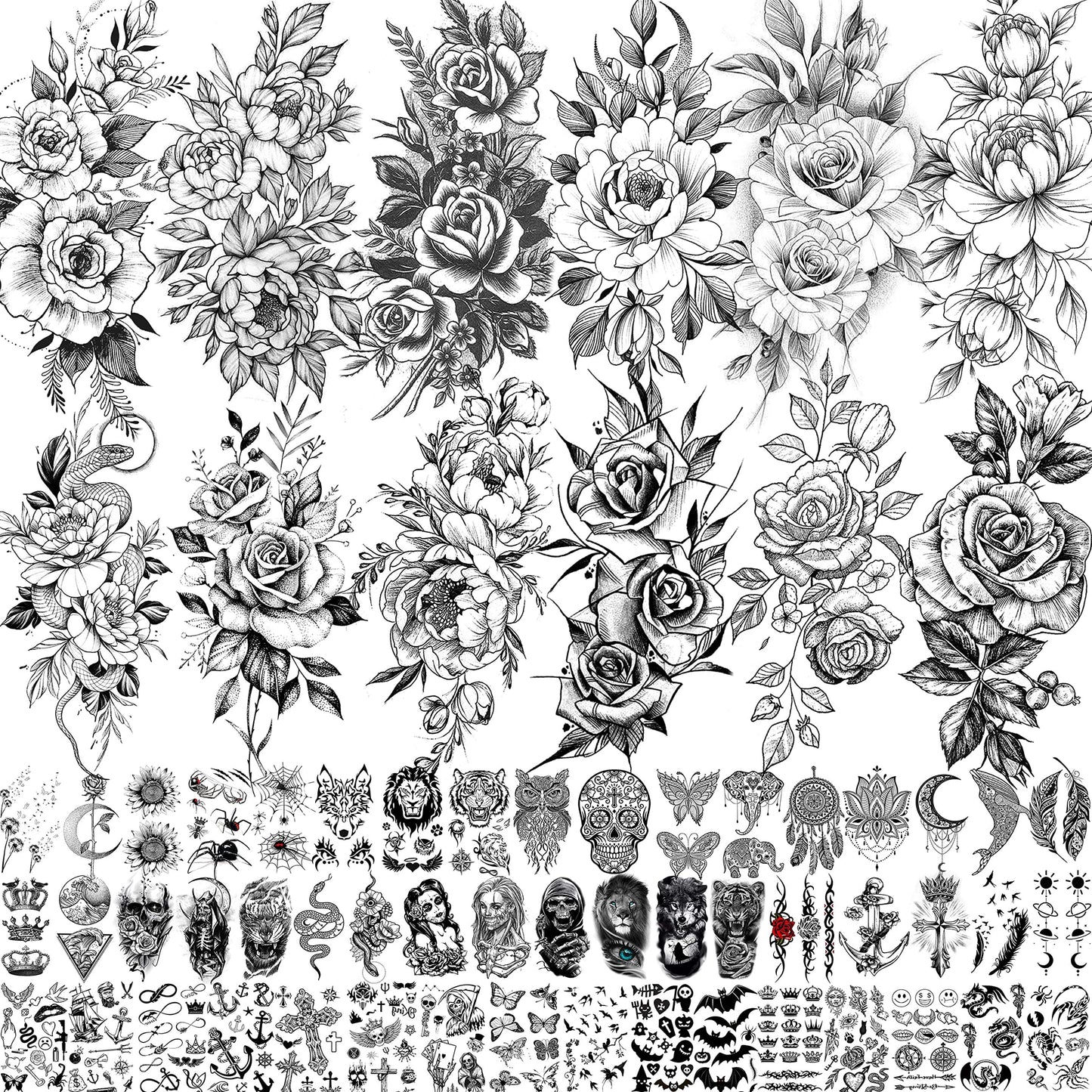 VANTATY 63 Sheets Realistic Black Rose Peony Flower Temporary Tattoos for Women Adults Body Art Arm, Snake Fake Floral Sketch Sleeve Tattoo Sticker Beauty and Personal Care VANTATY Default Title