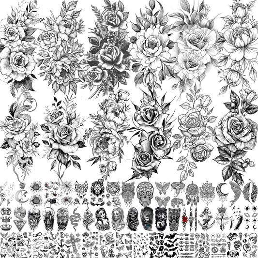 VANTATY 63 Sheets Realistic Black Rose Peony Flower Temporary Tattoos for Women Adults Body Art Arm, Snake Fake Floral Sketch Sleeve Tattoo Sticker Beauty and Personal Care VANTATY Default Title