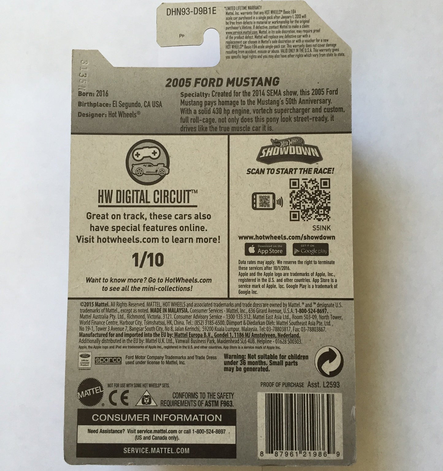 Hot Wheels, 2016 HW Digital Circuit, 2005 Ford Mustang [Blue] #21/250