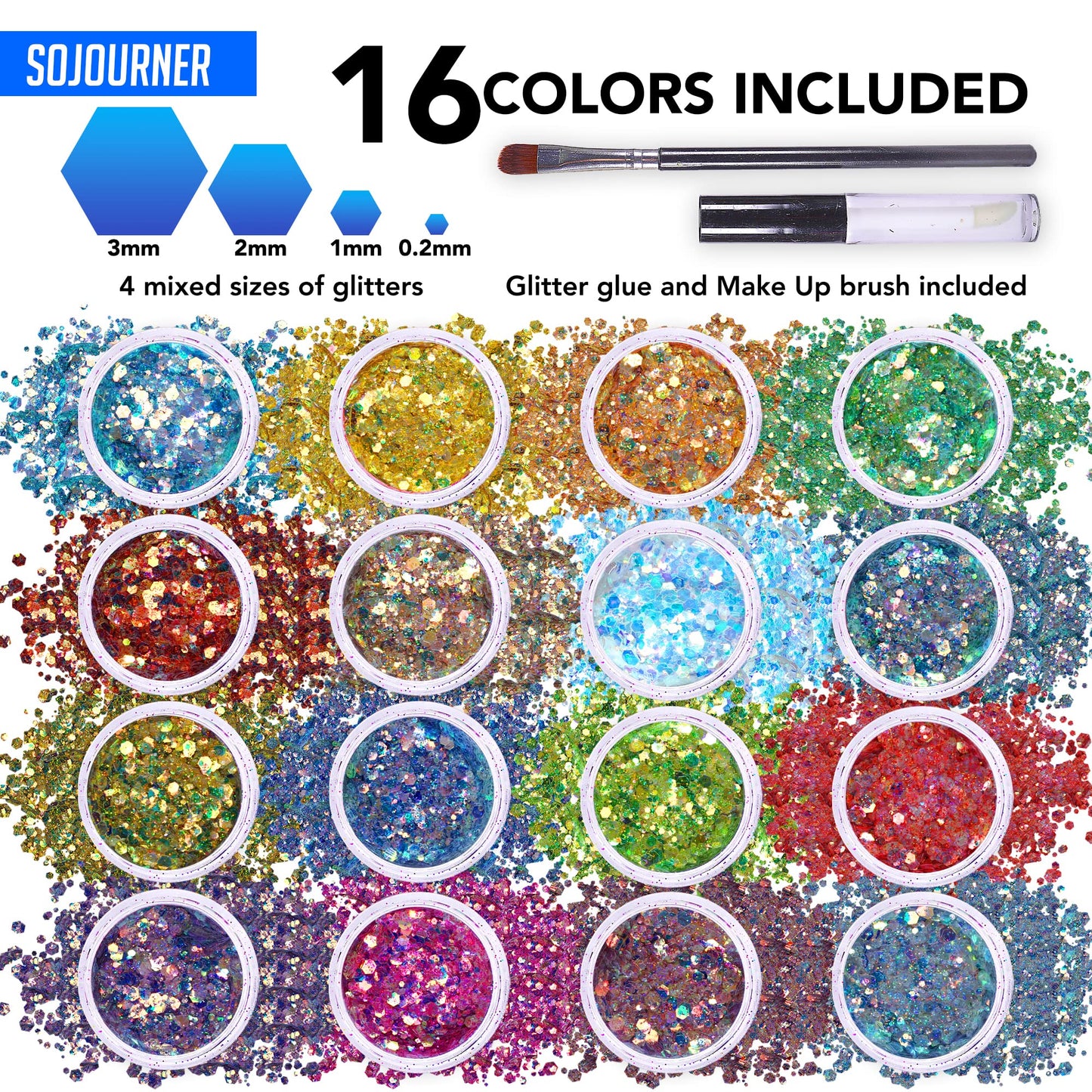 Body Glitter Set for Face & Hair - 16 Colors Fairy Tears Chunky Holographic Festival Glitter Makeup with Glue - Rave, Concert, Euphoria Looks