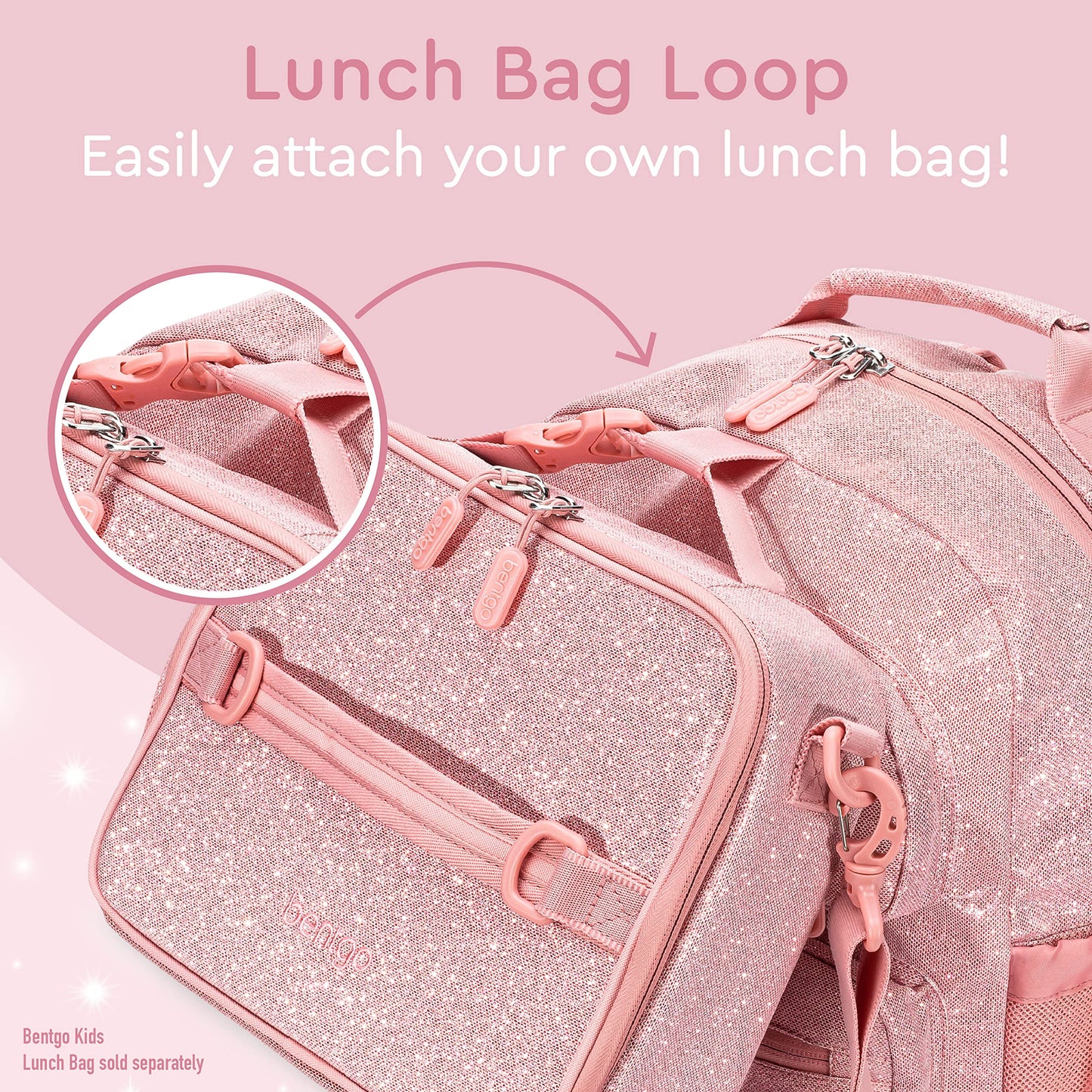 Bentgo Kids Glitter Backpack - Lightweight 14” Backpack for School, Travel & Daycare, Ideal for Ages 4+, Durable & Water-Resistant, Roomy Interior, & Loop for Lunch Bag (Glitter Edition - Petal Pink)