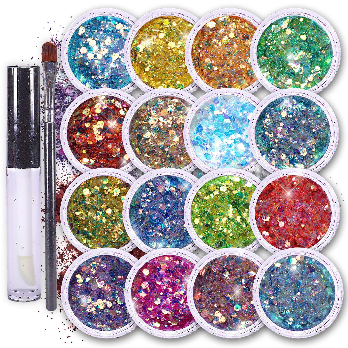 Body Glitter Set for Face & Hair - 16 Colors Fairy Tears Chunky Holographic Festival Glitter Makeup with Glue - Rave, Concert, Euphoria Looks