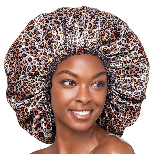 Red By Kiss Silky Satin Sleep Cap Premium Quality Shower Cap Satin Bonnet, Super Jumbo (Leopard) Beauty and Personal Care Red by Kiss