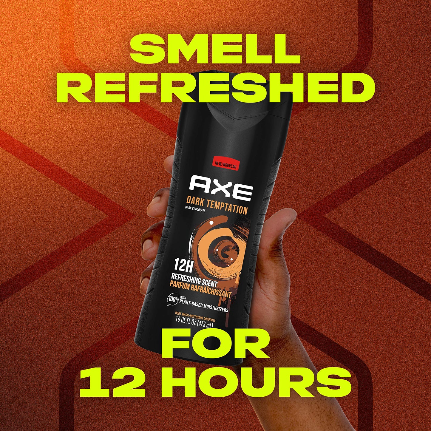 AXE Body Wash 12h Refreshing Scent Dark Temptation Dark Chocolate Men's Body Wash with 100 percent Plant-Based Moisturizers 16 oz