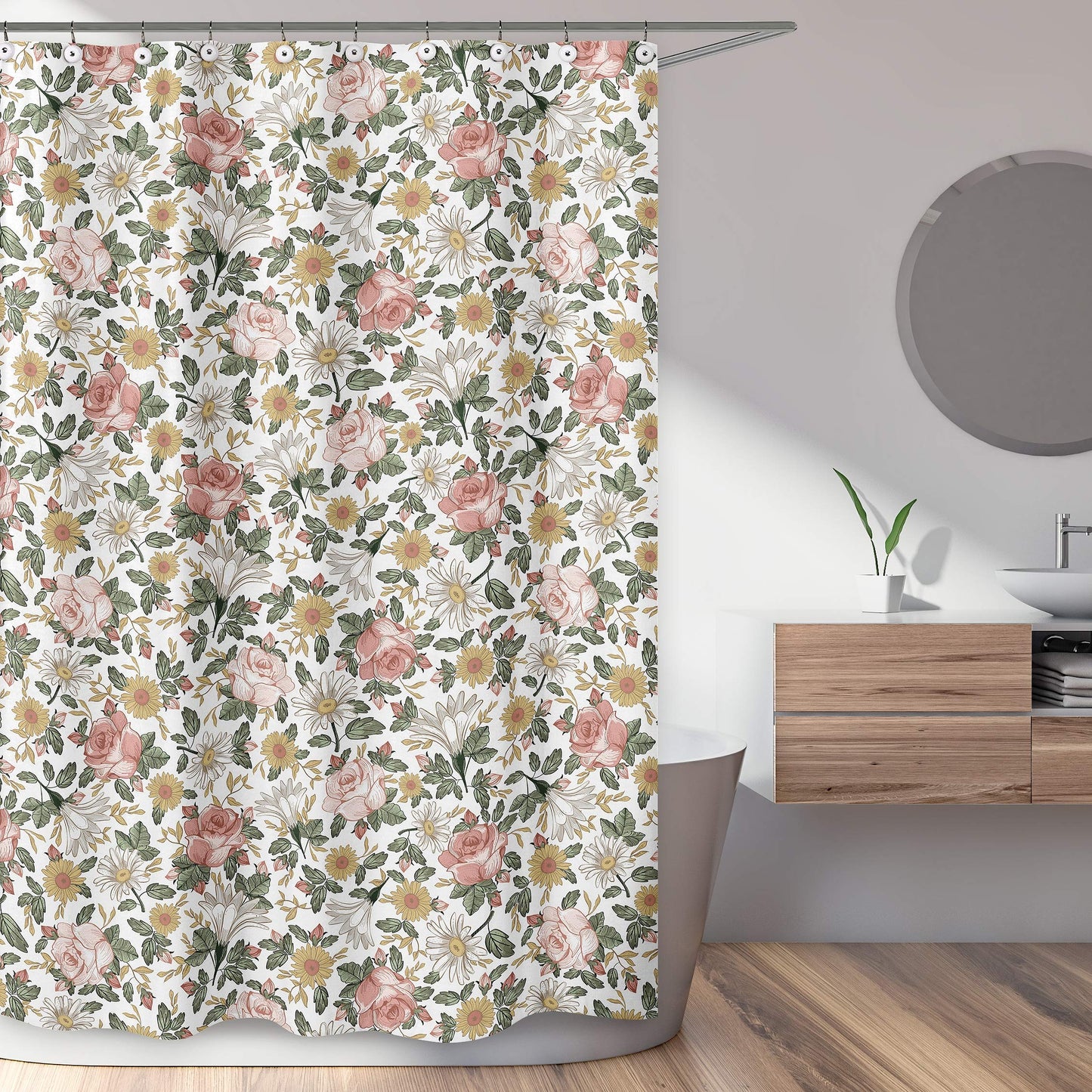 Sweet Jojo Designs Vintage Floral Boho Bathroom Fabric Bath Shower Curtain - Blush Pink, Yellow, Green and White Shabby Chic Rose Flower Farmhouse