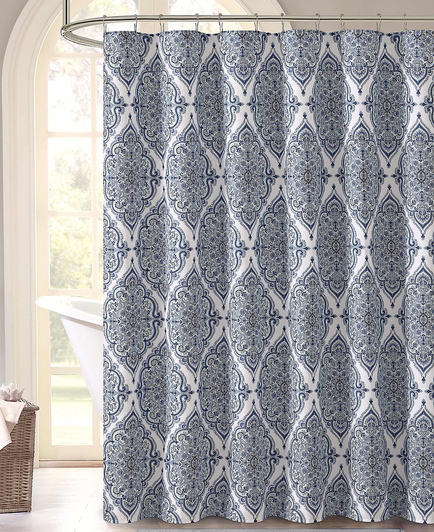 VCNY Home Blue Purple Gray Green Fabric Shower Curtain: Floral Geometric Damask Design, 72" x 72"